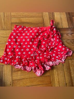 Zara Red Floral Wrap Skirted Shorts with Ruffle